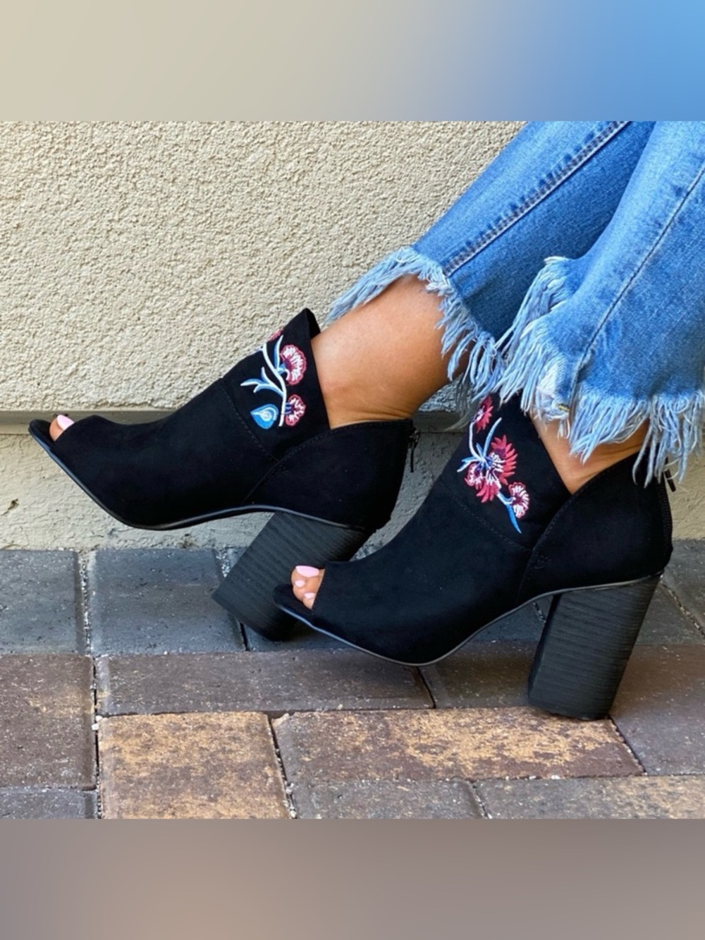 Carlos by Carlos Santana Black Faux Suede Floral Embroidered Peep-Toe Booties - Picture 7 of 16